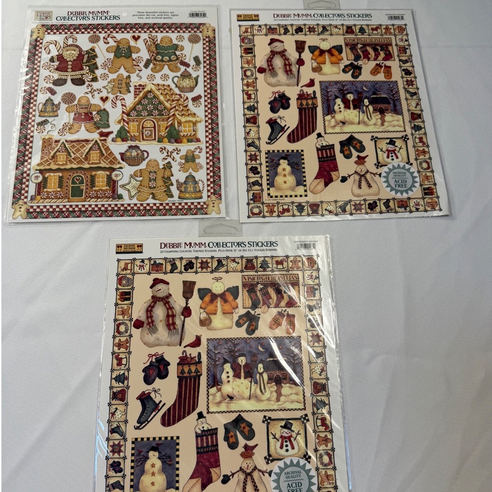 Debbie Mumm Christmas Stickers Lot 3 Sheets Snowman Gingerbread Vintage 1998